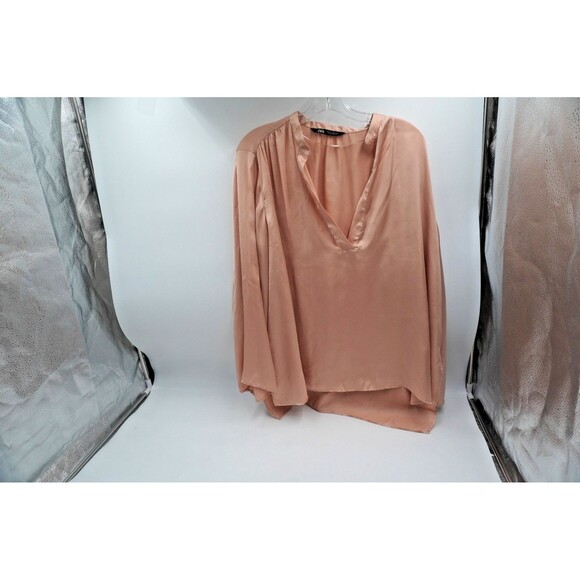 Zara Satin Nude/Golden V-Neck Tunic Wide Sleeve Flowy Blouse Size Xl - Picture 1 of 8